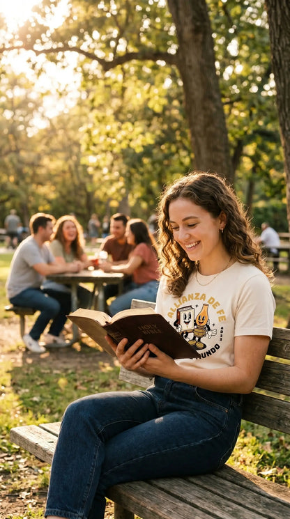 Grupo de jóvenes cristianos compartiendo en un parque vistiendo la ropa premium Alianza de Fe diseño retro - Lumina Gráfica