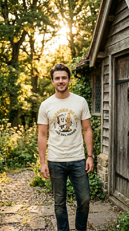 Joven vistiendo camiseta cristiana Alianza de Fe estilo vintage frente a una iglesia campestre rodeado de naturaleza - Lumina Gráfica